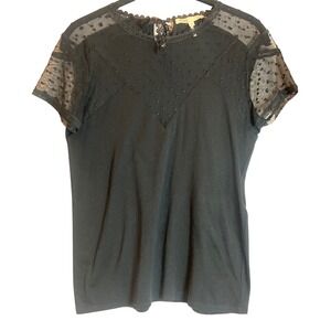 Maje Black Swiss Dot Mesh Lace Trim Short Sleeve Top Size 3Cotton Modal